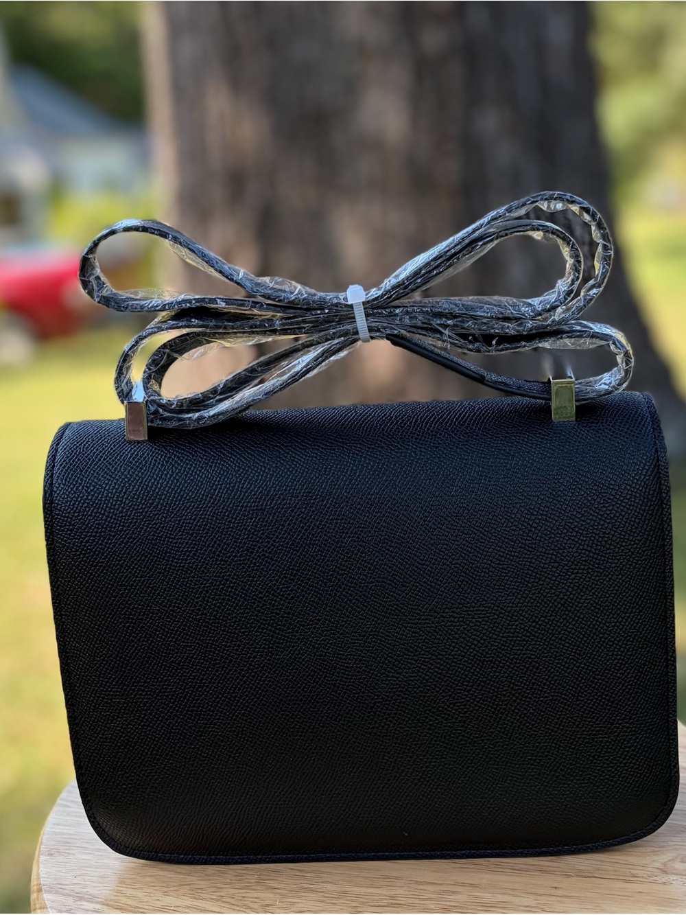 Silver Hardware Black Real Leather Shoulder/Crossbody Bag with H closure - Picture 4 of 11